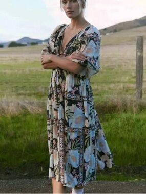 Billabong Boho Floral Midi Dress in Pastel Blue and Black